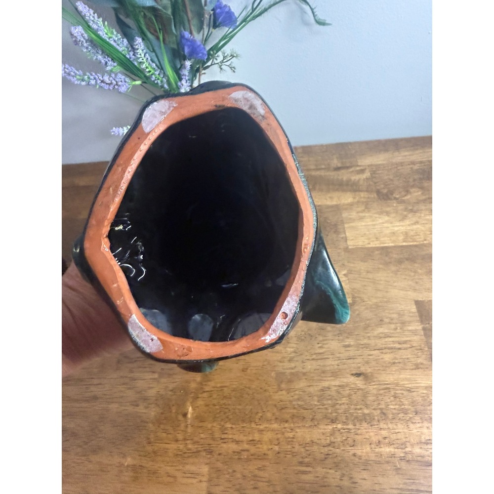 Large Vintage MCM Owl Ceramic Vase Planter Green Black Drip Glaze Pottery - Picture 10 of 10